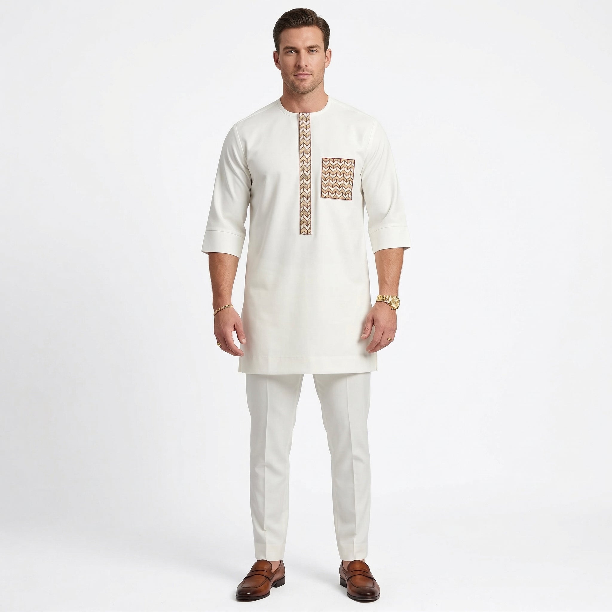 DerightFS Luxury White Nigerian Men’s Kaftan Set – African Traditional Senator Outfit with 3/4 Sleeves & Matching Trousers | Premium African Clothing for Men
