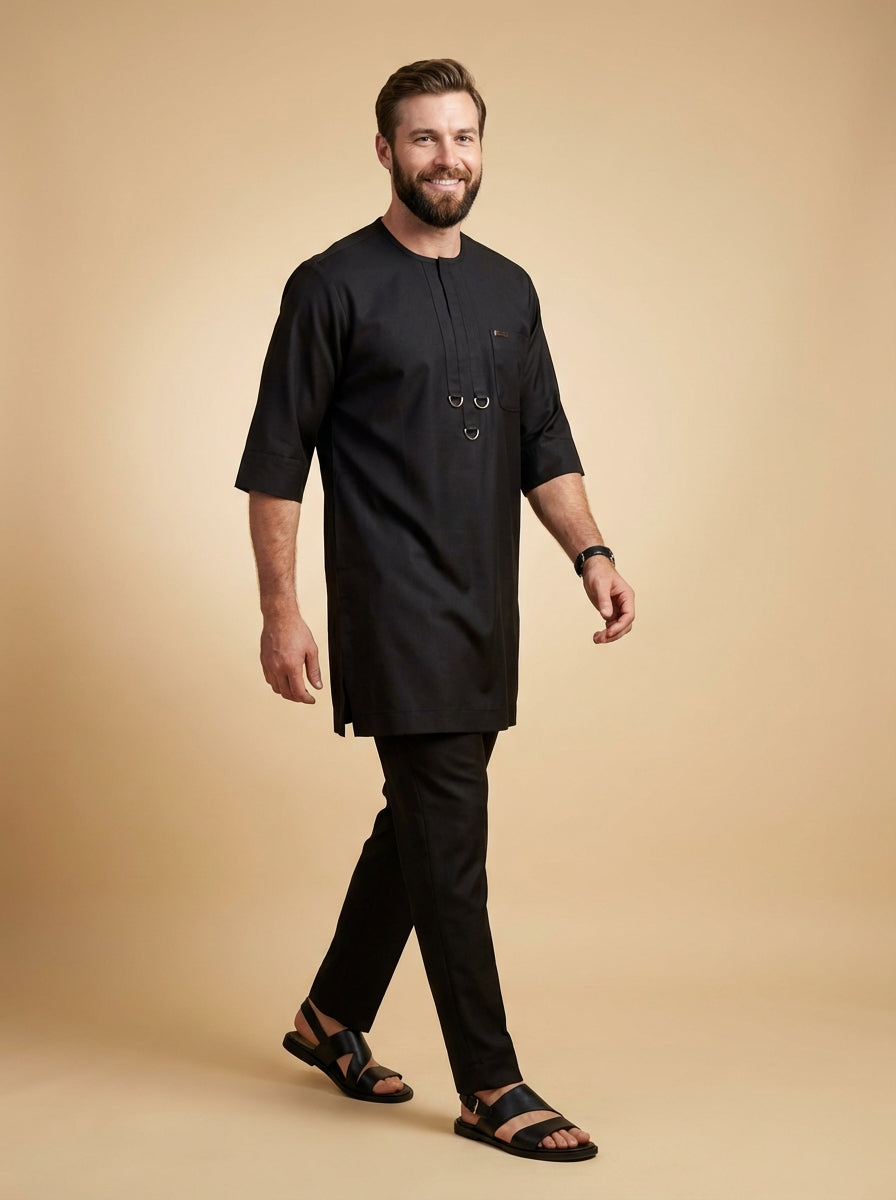 DerightFS Luxury Black Men’s Traditional Two-Piece Outfit – Modern Short Sleeve Kaftan Top & Tailored Trousers Set