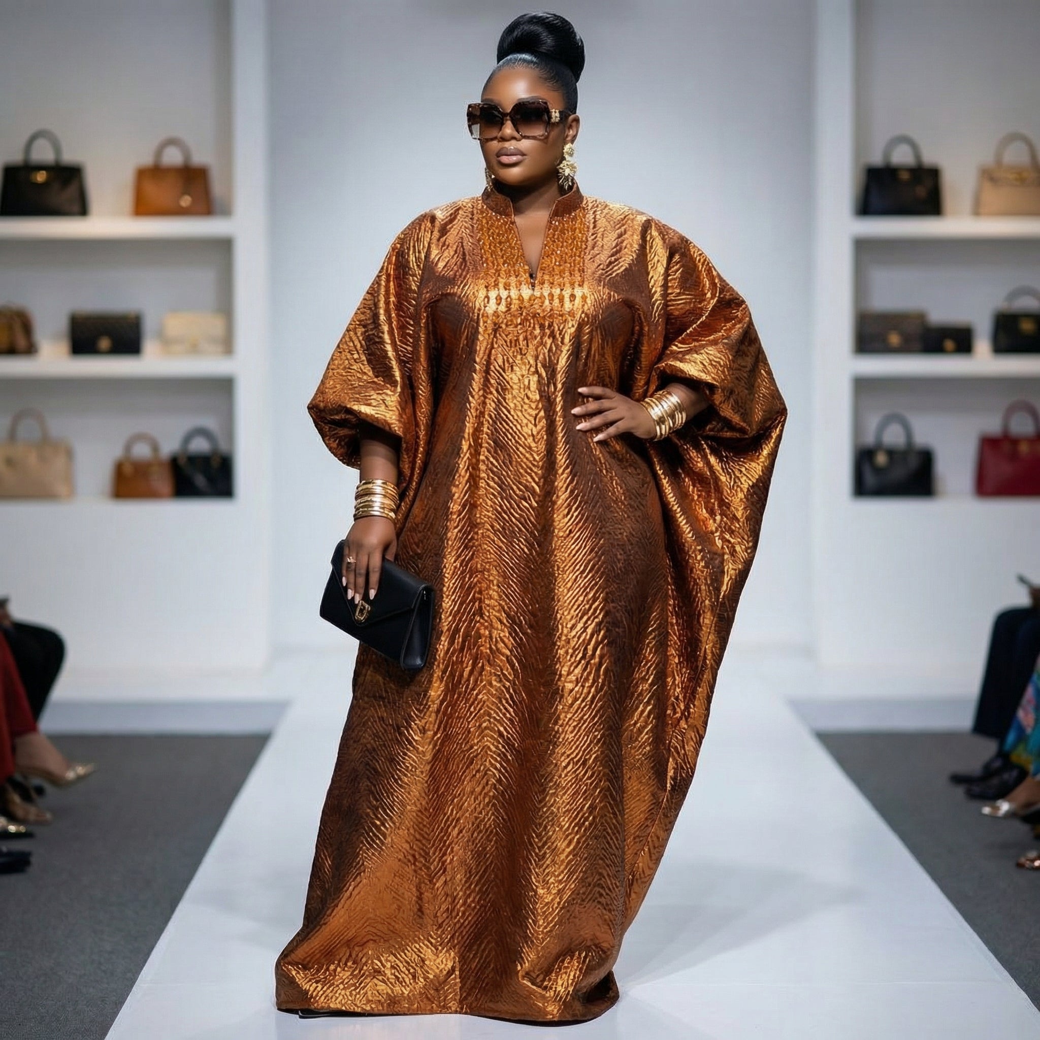 Luxury Metallic African Boubou Kaftan Dress – Full Length Plus Size Flowing Maxi Gown with Batwing Sleeves & Beaded Neckline (One Size Fits All)