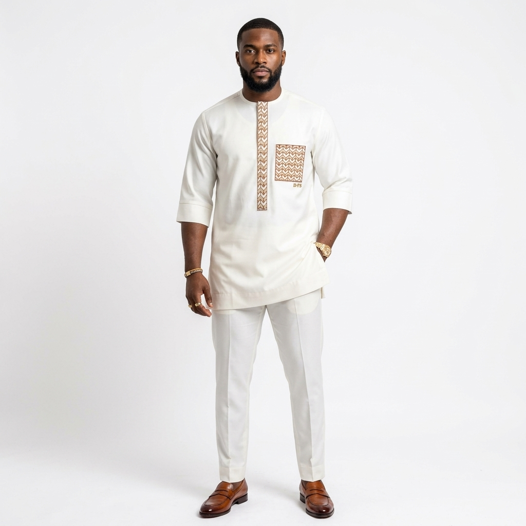 DerightFS Luxury White Nigerian Men’s Kaftan Set – African Traditional Senator Outfit with 3/4 Sleeves & Matching Trousers | Premium African Clothing for Men