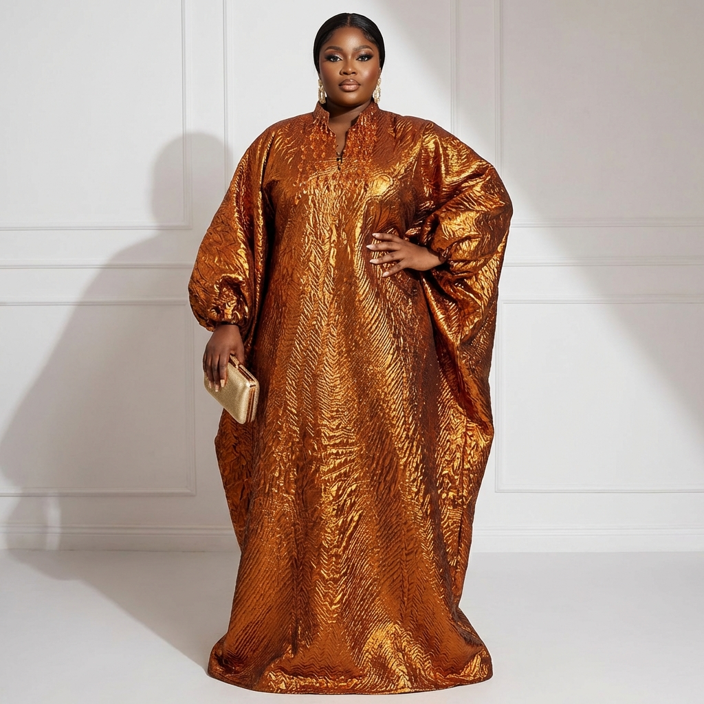 Luxury Metallic African Boubou Kaftan Dress – Full Length Plus Size Flowing Maxi Gown with Batwing Sleeves & Beaded Neckline (One Size Fits All)