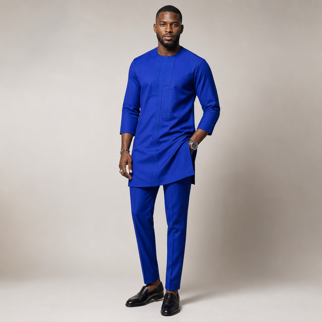 Men's Royal Blue Embroidered Senator Two-Piece Set | African Occasion Wear UK | DerightFS