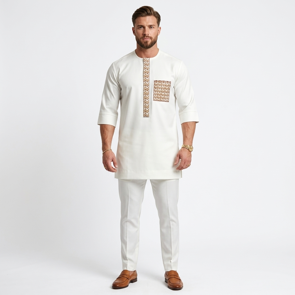 DerightFS Luxury White Nigerian Men’s Kaftan Set – African Traditional Senator Outfit with 3/4 Sleeves & Matching Trousers | Premium African Clothing for Men