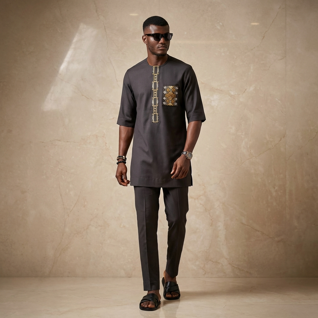 Men’s Black African Senator Outfit – Embroidered Kaftan & Trousers 2 Piece Set | Traditional Agbada Style Wedding & Formal Wear