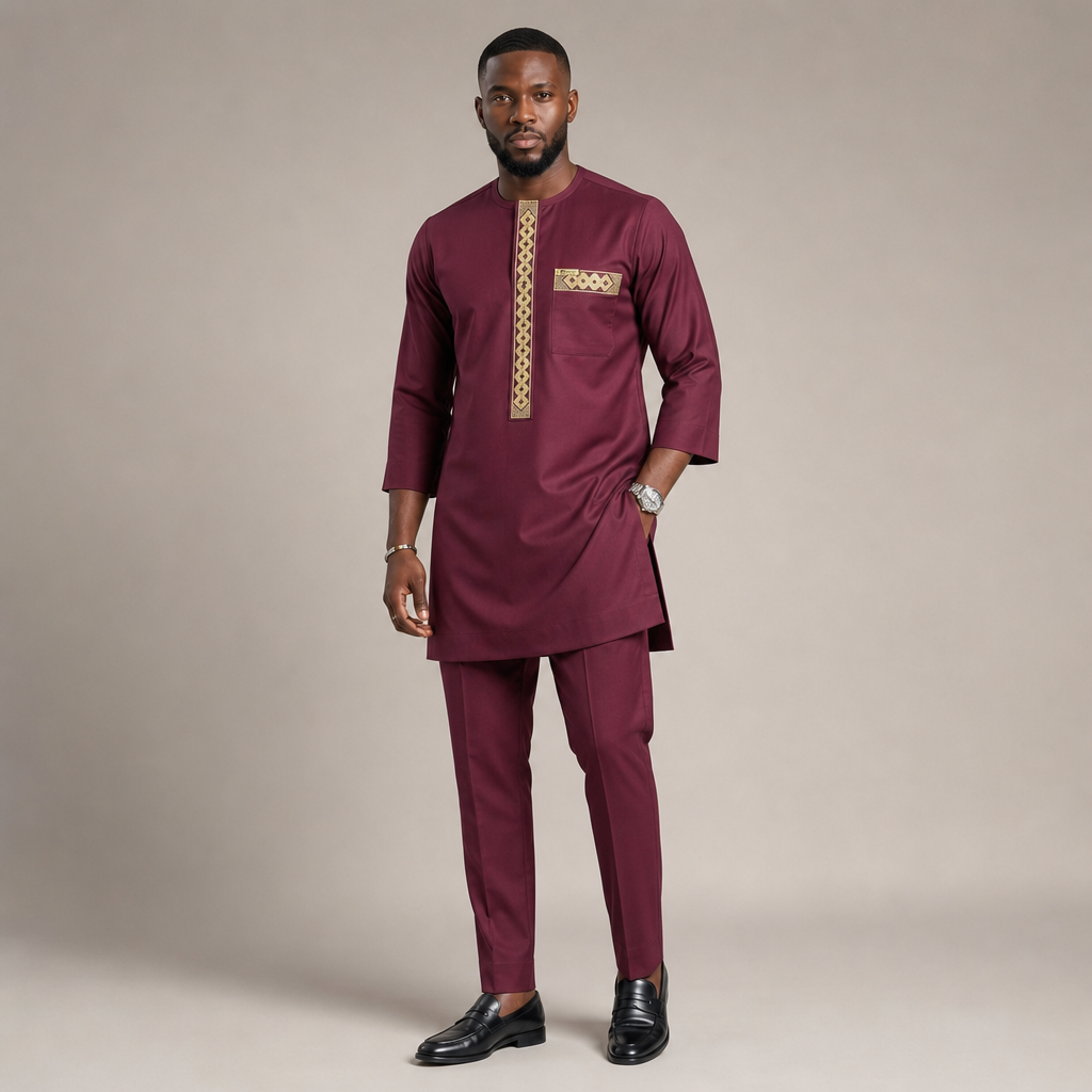 Men's Burgundy Gold Embroidered Senator Two-Piece Set | African Occasion Wear UK | DerightFS