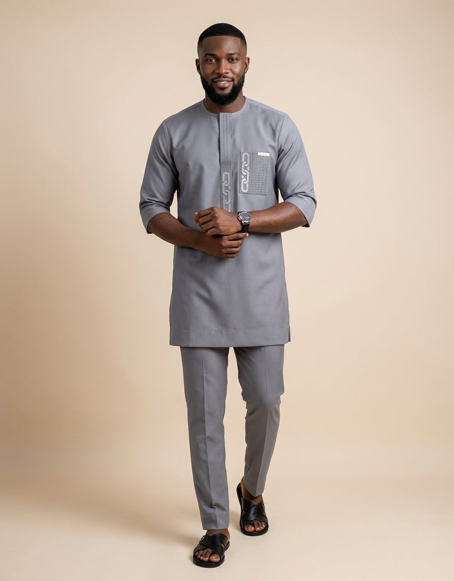 DerightFS Men’s Luxury Grey Senator Wear Set – Modern African Traditional Kaftan & Slim-Fit Trouser Outfit