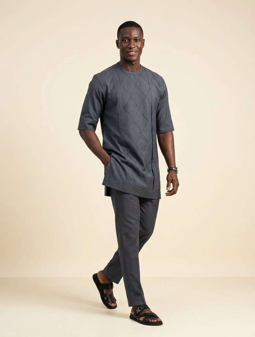 DerightFS Charcoal Grey Men’s Traditional Two-Piece Set – Modern Short Sleeve Tunic & Slim Fit Trousers | Luxury African Menswear