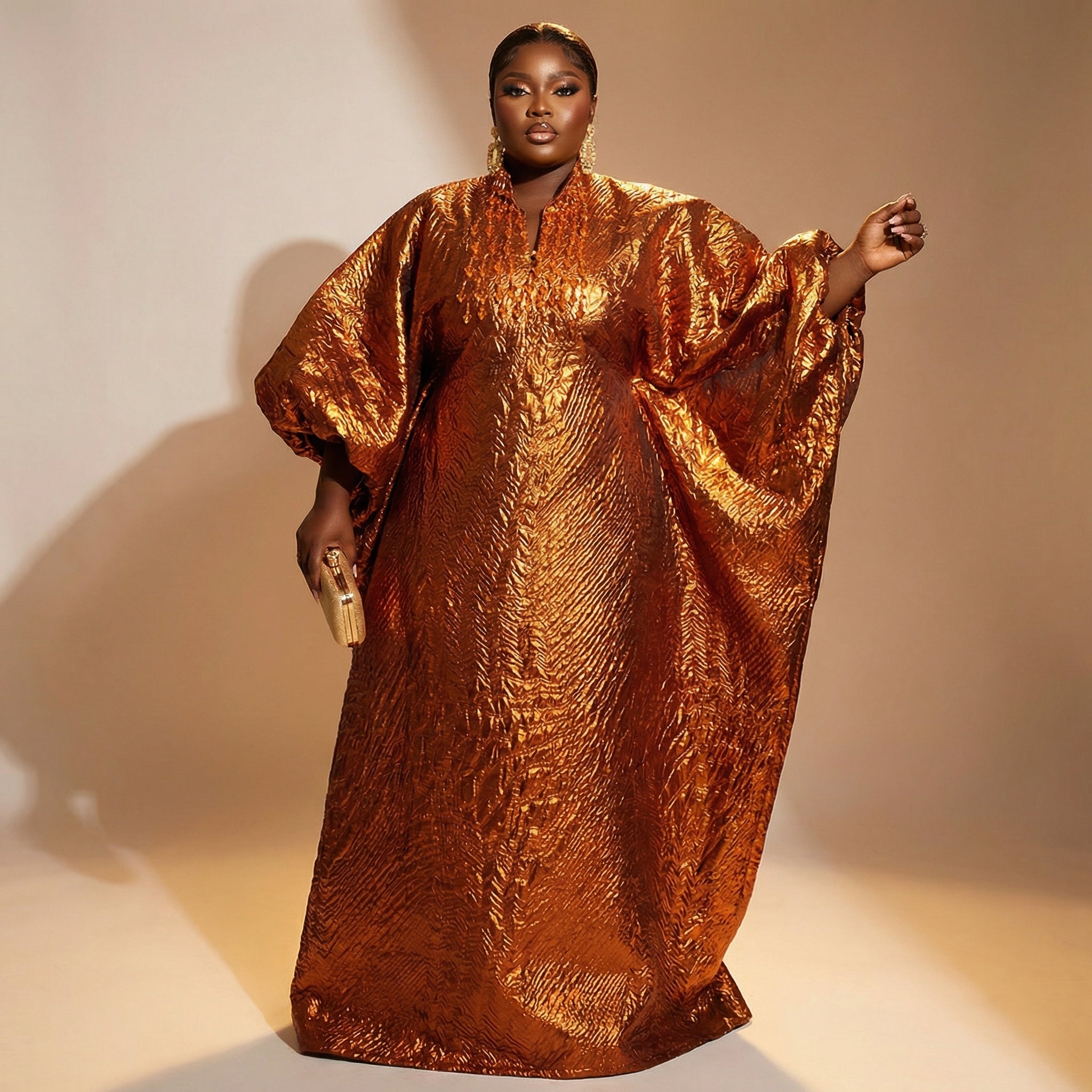 Luxury Metallic African Boubou Kaftan Dress – Full Length Plus Size Flowing Maxi Gown with Batwing Sleeves & Beaded Neckline (One Size Fits All)
