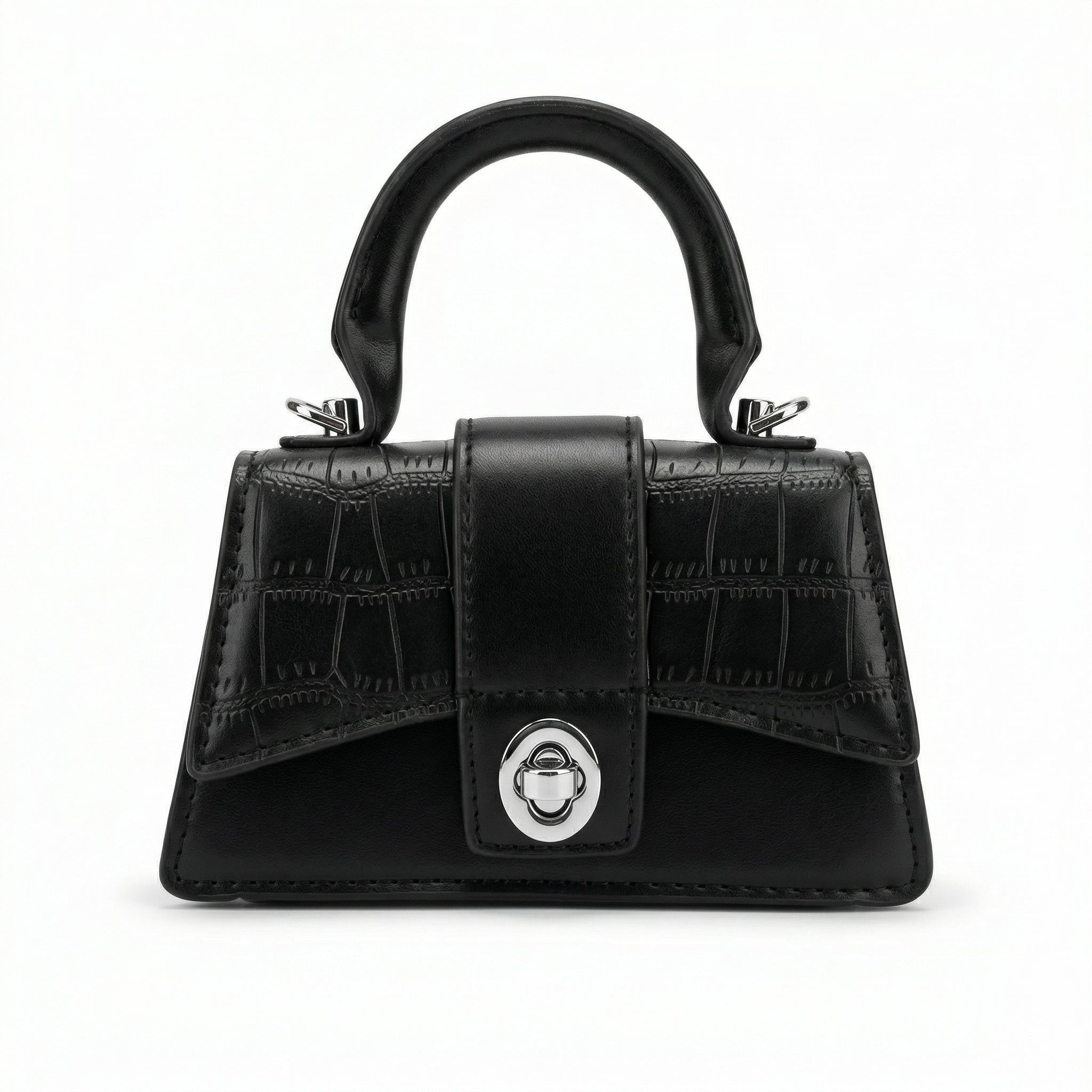 DerightFS Black Croc-Effect Mini Top Handle Bag – Luxury Structured Handbag for Women, Elegant Evening & Occasion Purse