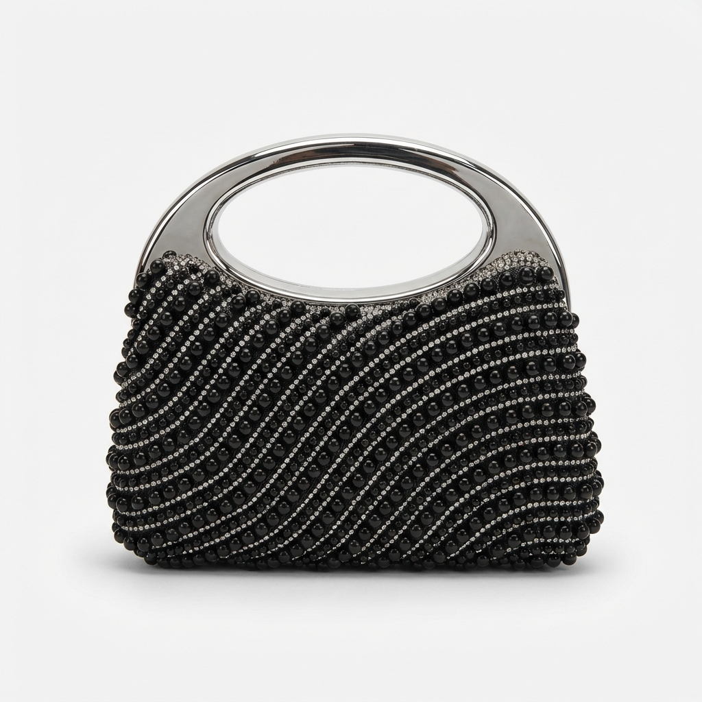 Luxury Beaded Evening Clutch Bag for Women – Pearl & Rhinestone Handbag with Metal Handle, Wedding Party Cocktail Purse