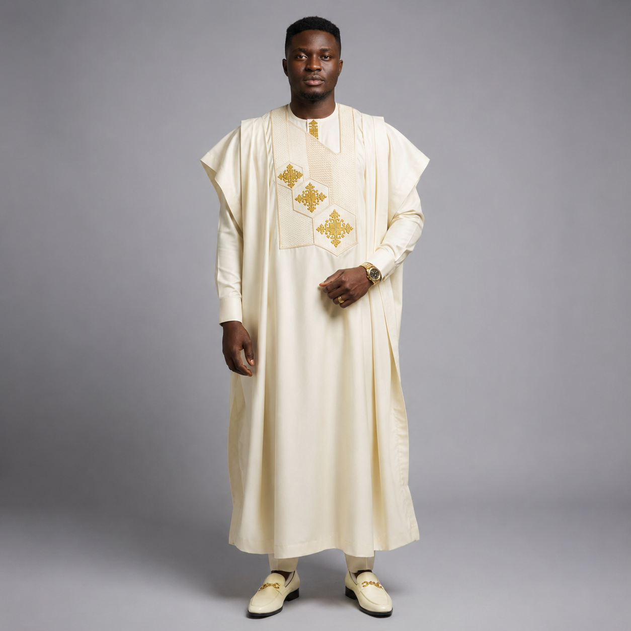 Men's Ivory Gold Embroidered Agbada Set | Bespoke Nigerian Wedding Outfit | 3-Piece Luxury African Attire