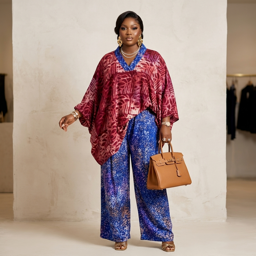 Women's Nigerian Adire Print Kaftan Top & Wide-Leg Trousers 2-Piece Set – African Occasion Wear | DerightFS