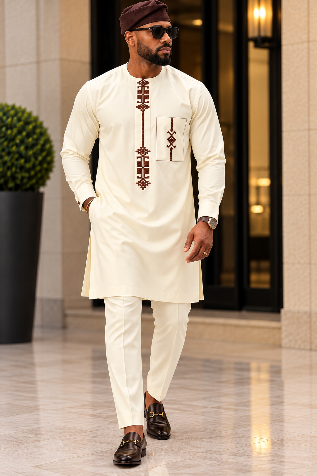 Men's Cream Agbada 3-Piece Set with Brown Embroidery | African Native Wear UK