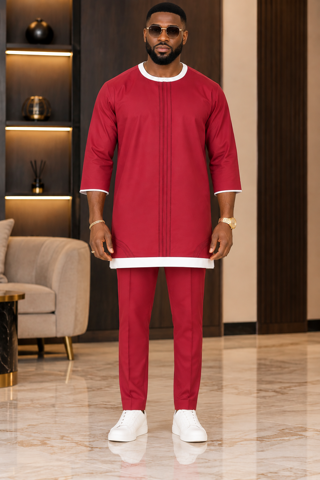 Men's Burgundy Red Two-Piece Kaftan Set – Luxury African Traditional Outfit with White Trim | DerightFS