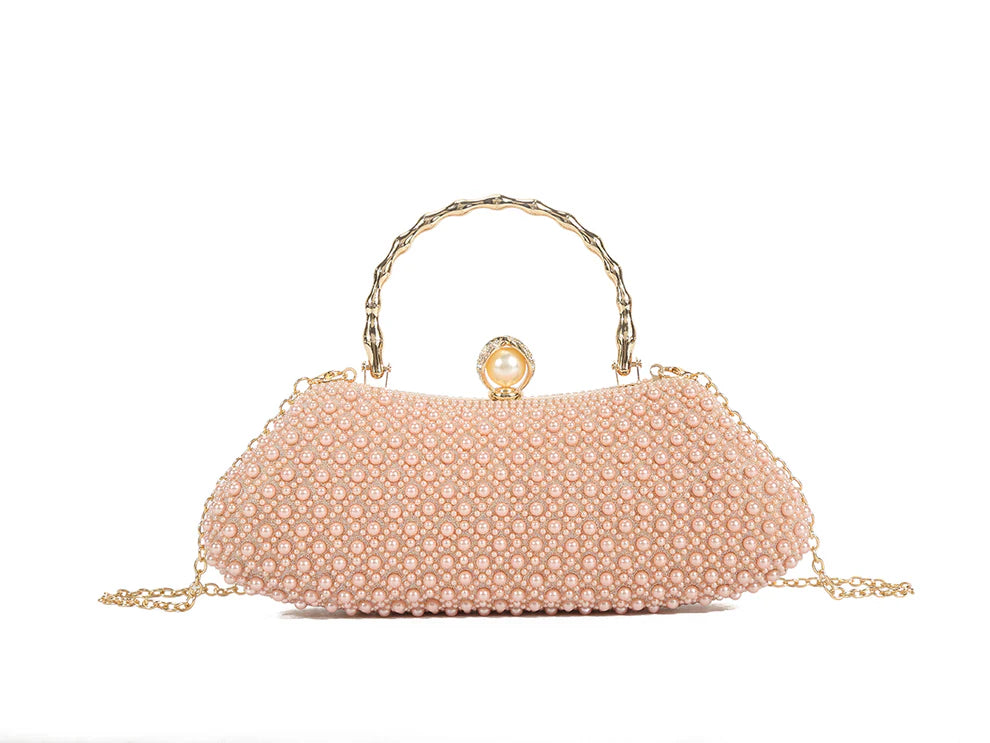 Blush Pearl Beaded Evening Clutch Bag – Luxury Bridal Handbag with Gold Handle & Chain Strap, Elegant Wedding Party Prom Rhinestone Purse for Women