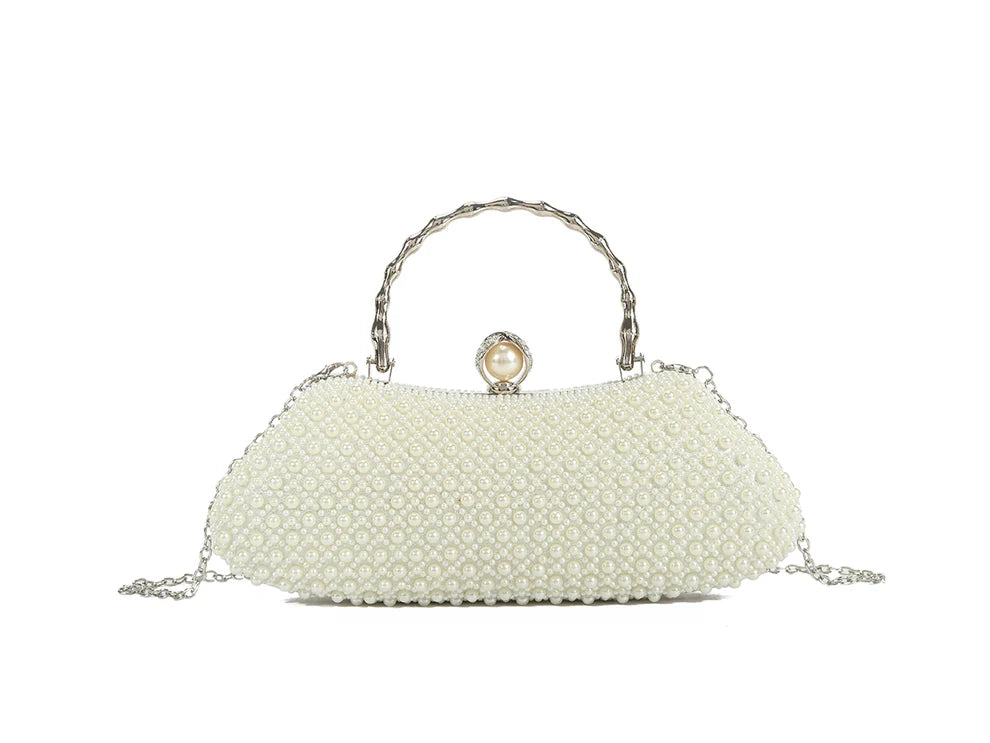Blush Pearl Beaded Evening Clutch Bag – Luxury Bridal Handbag with Gold Handle & Chain Strap, Elegant Wedding Party Prom Rhinestone Purse for Women
