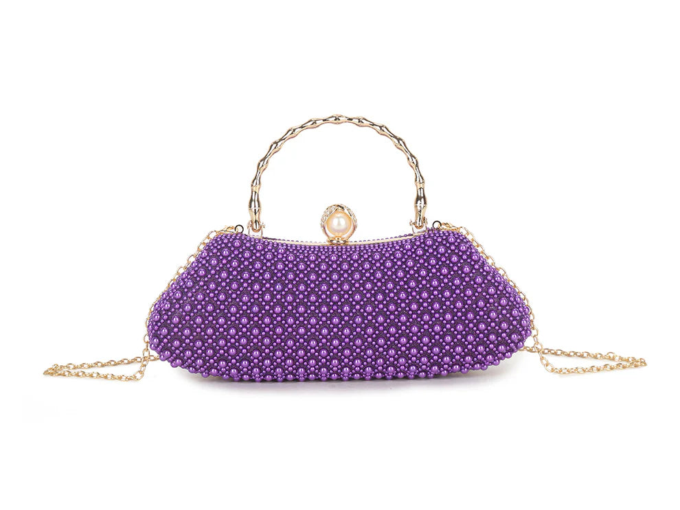 Blush Pearl Beaded Evening Clutch Bag – Luxury Bridal Handbag with Gold Handle & Chain Strap, Elegant Wedding Party Prom Rhinestone Purse for Women