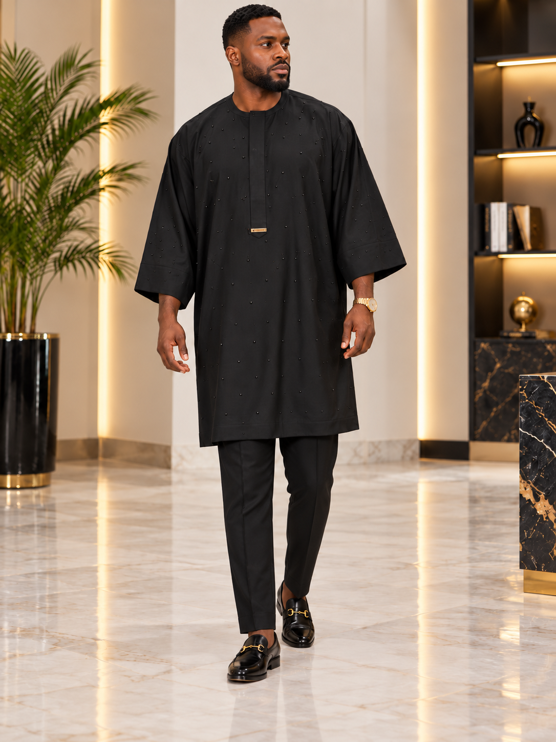 Men's Black Jonkoso Danshiki Two-Piece Set – Luxury Stone-Embellished African Wear | DerightFS