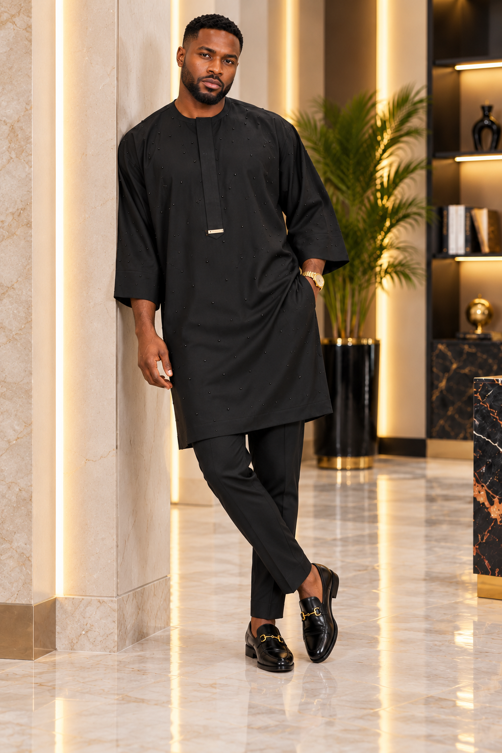 Men's Black Jonkoso Danshiki Two-Piece Set – Luxury Stone-Embellished African Wear | DerightFS