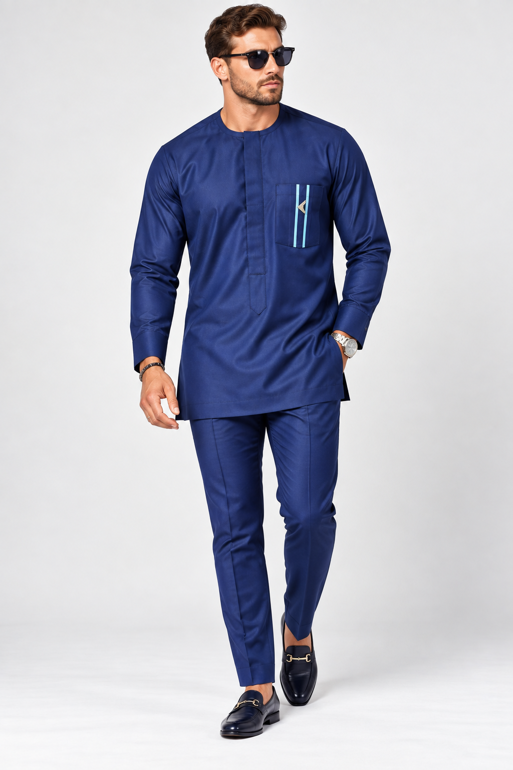 Men's Navy Blue Senator Outfit with Pocket Trim – 2-Piece Nigerian Wear