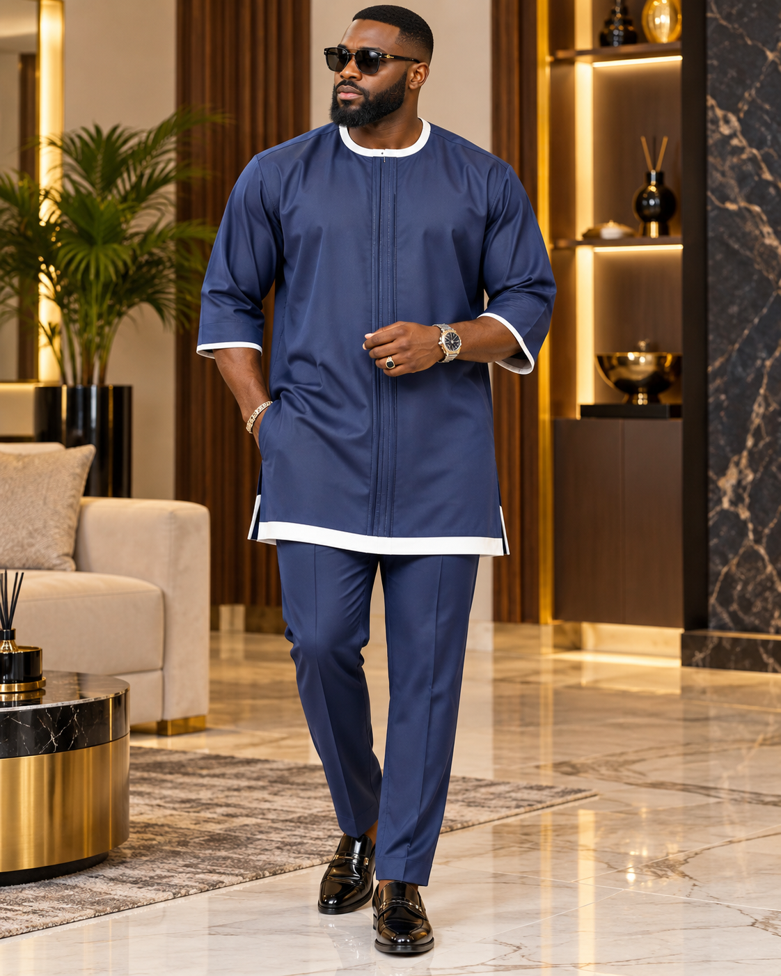 Men's Navy Blue Two-Piece Kaftan Set – Luxury African Traditional Outfit with White Trim | DerightFS