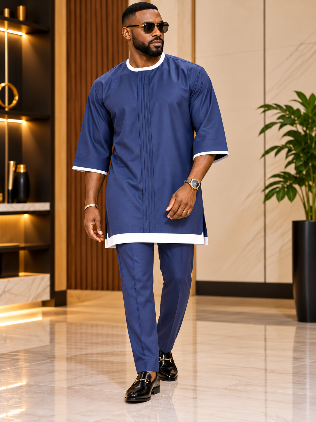 Men's Navy Blue Two-Piece Kaftan Set – Luxury African Traditional Outfit with White Trim | DerightFS