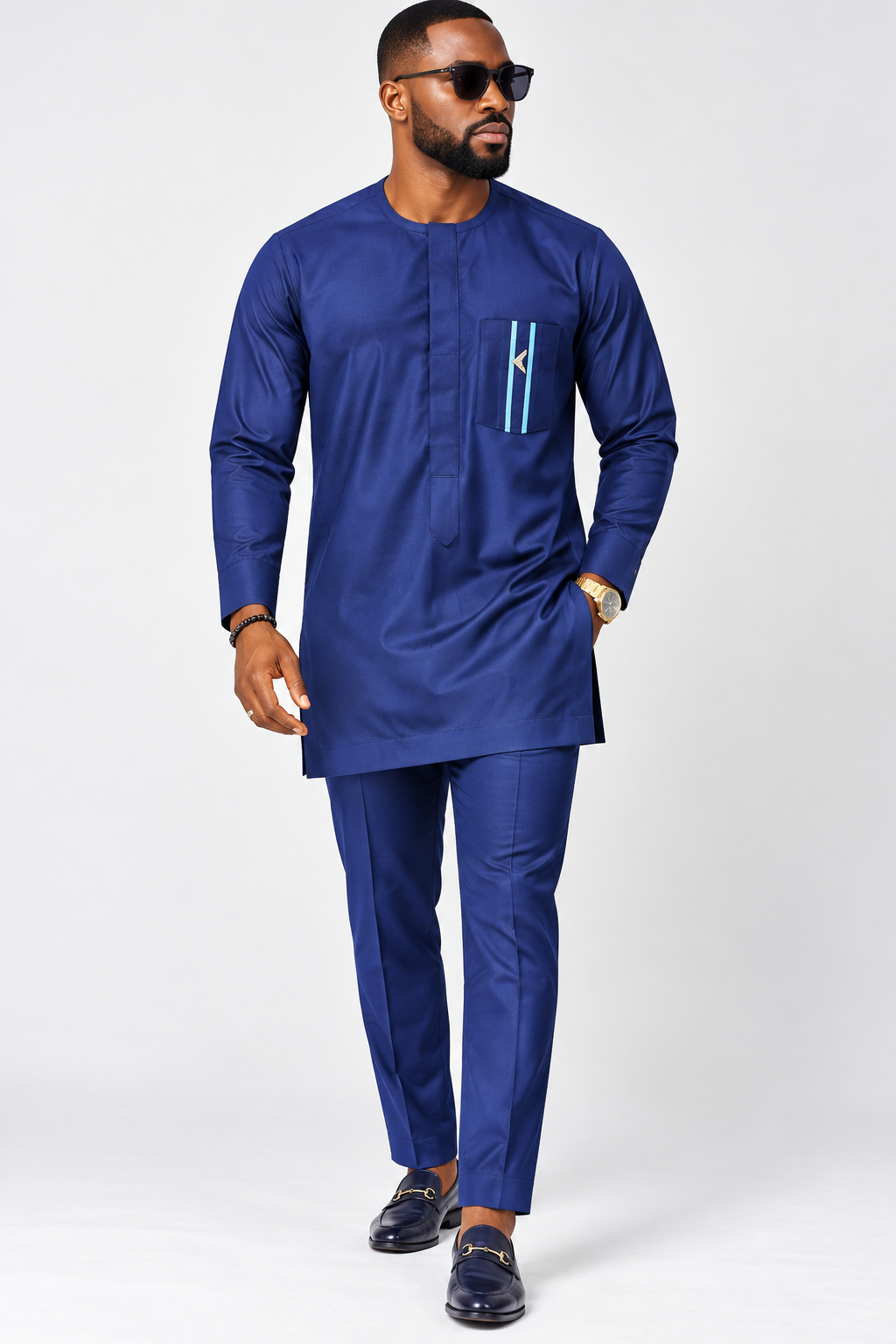 Men's Navy Blue Senator Outfit with Pocket Trim – 2-Piece Nigerian Wear