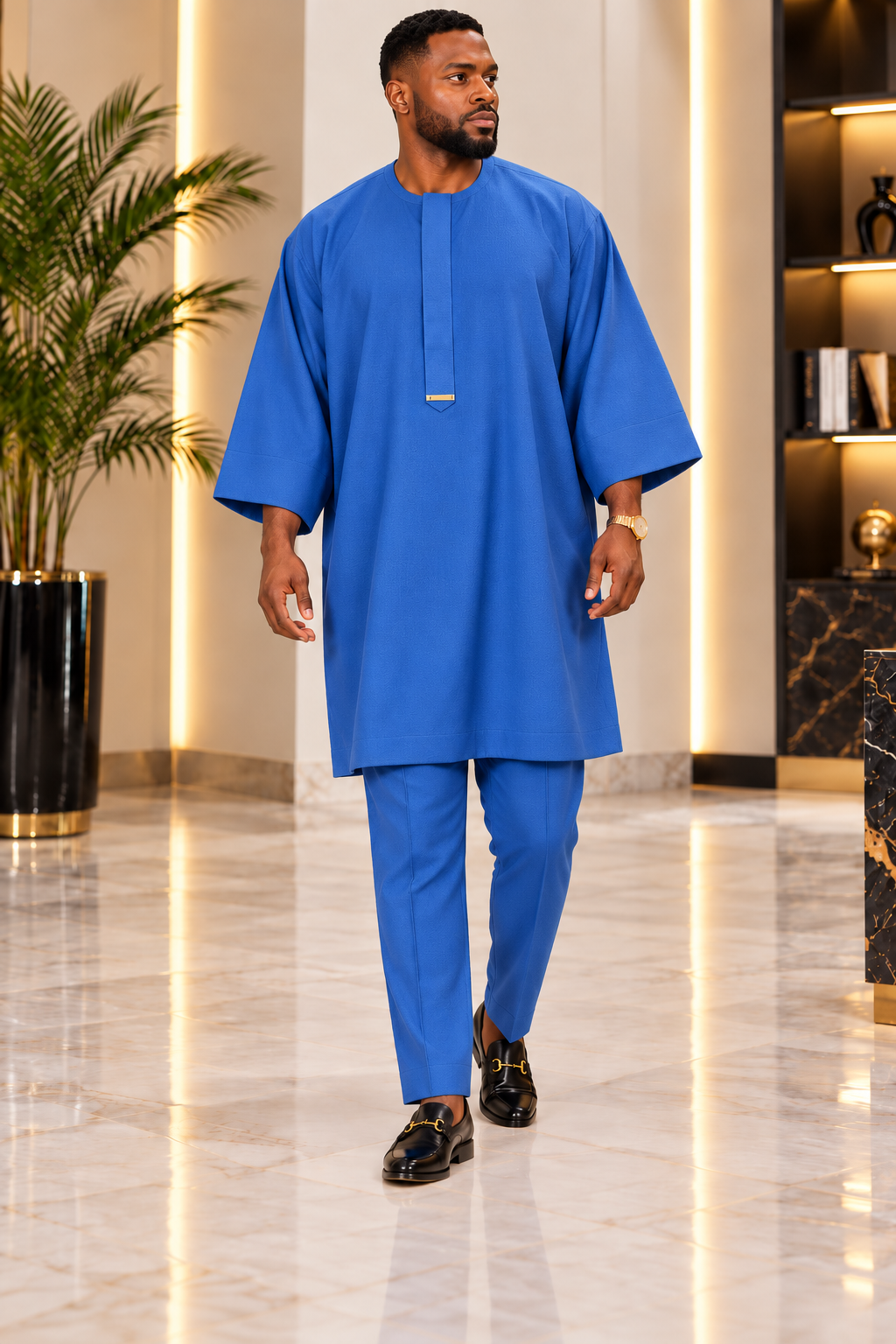 Men's Royal Blue Jonkoso Crepe Danshiki Two-Piece Set – Luxury Relaxed-Fit African Wear | DerightFS