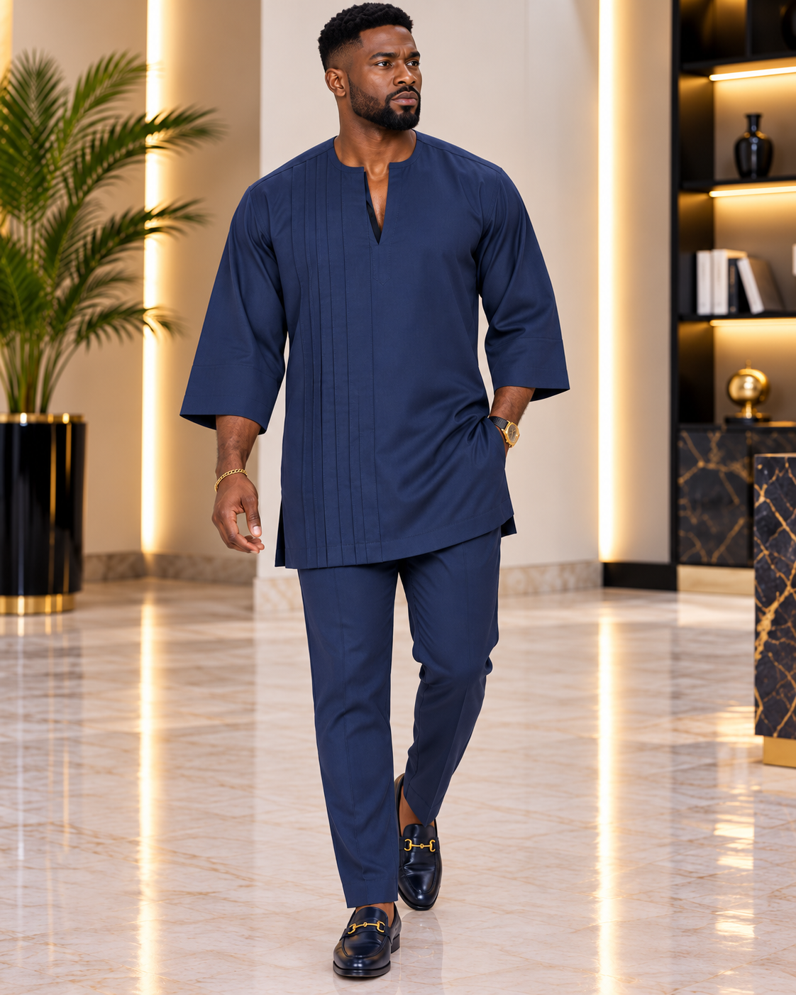 Men's Navy Blue Pleated Two-Piece Kaftan Set – Luxury African Senator Wear | DerightFS
