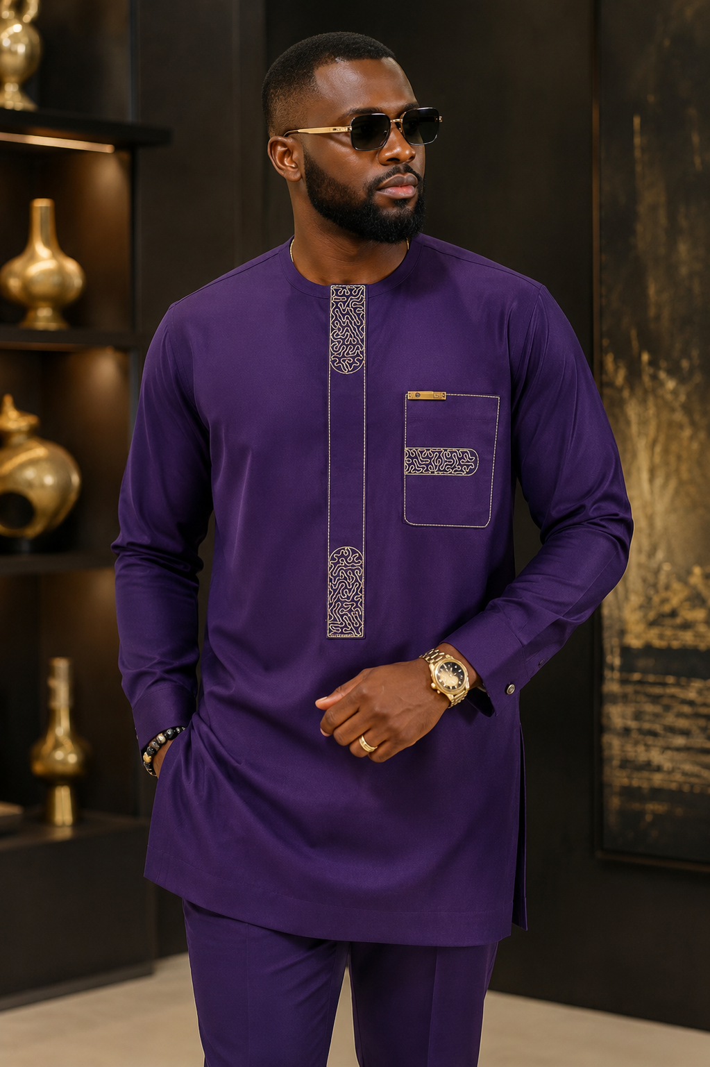 Men's Purple Embroidered Kaftan Two-Piece | Long Sleeve African Senator Set | Ready to Wear