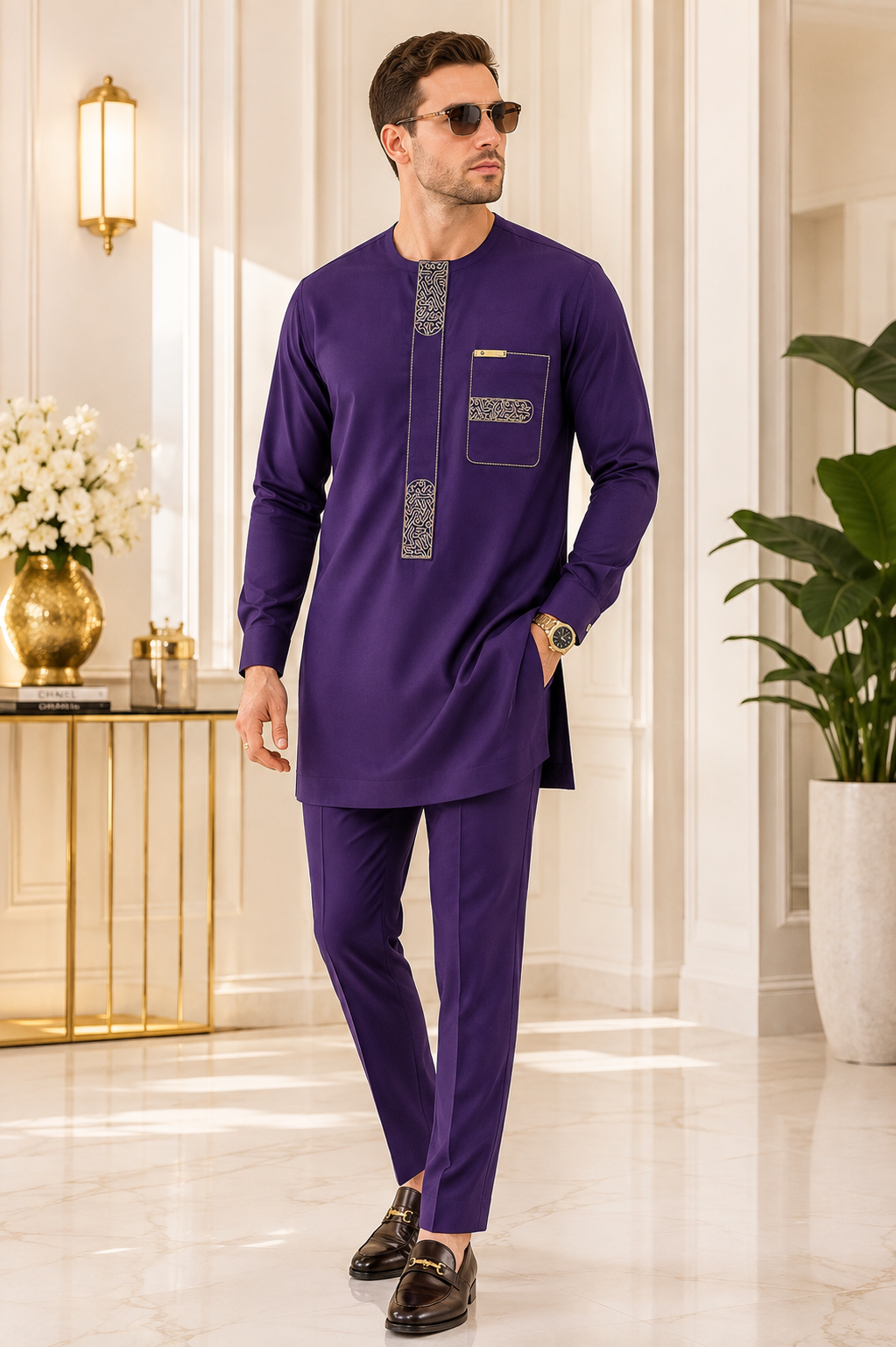 Men's Purple Embroidered Kaftan Two-Piece | Long Sleeve African Senator Set | Ready to Wear