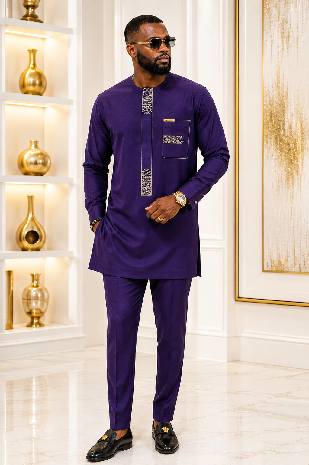 Men's Purple Embroidered Kaftan Two-Piece | Long Sleeve African Senator Set | Ready to Wear