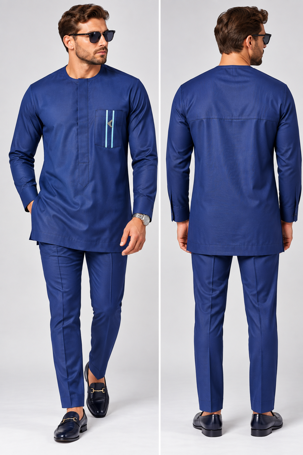 Men's Navy Blue Senator Outfit with Pocket Trim – 2-Piece Nigerian Wear