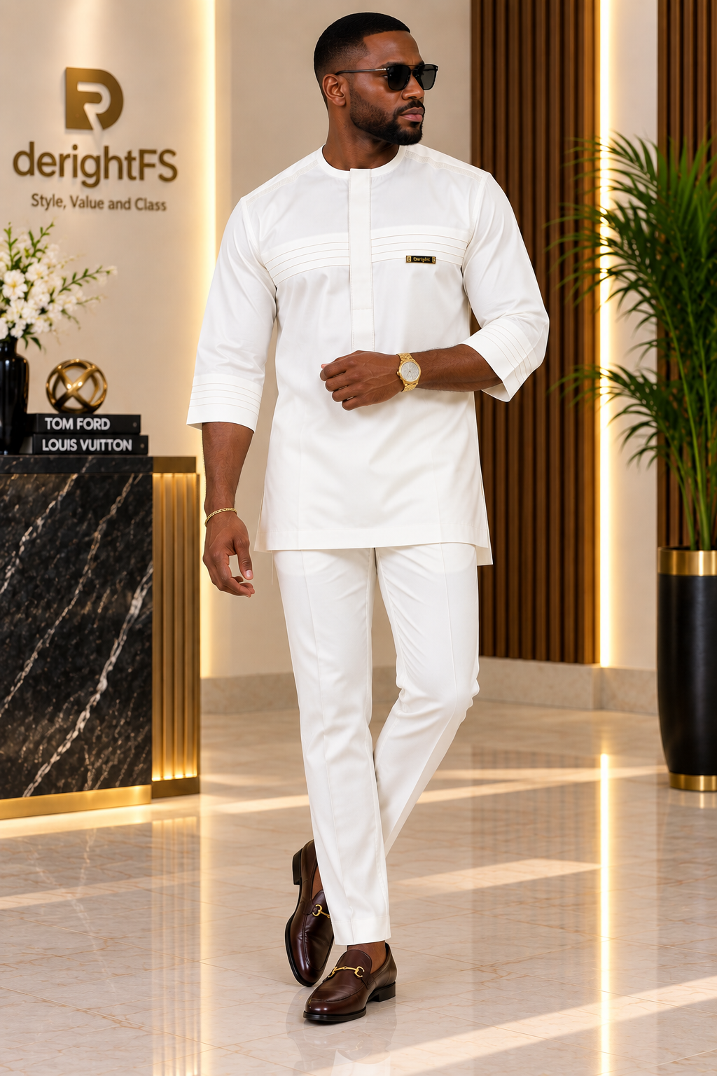 Men's Off-White Pintuck Kaftan Two-Piece | Three-Quarter Sleeve African Tunic Set | Ready to Wear