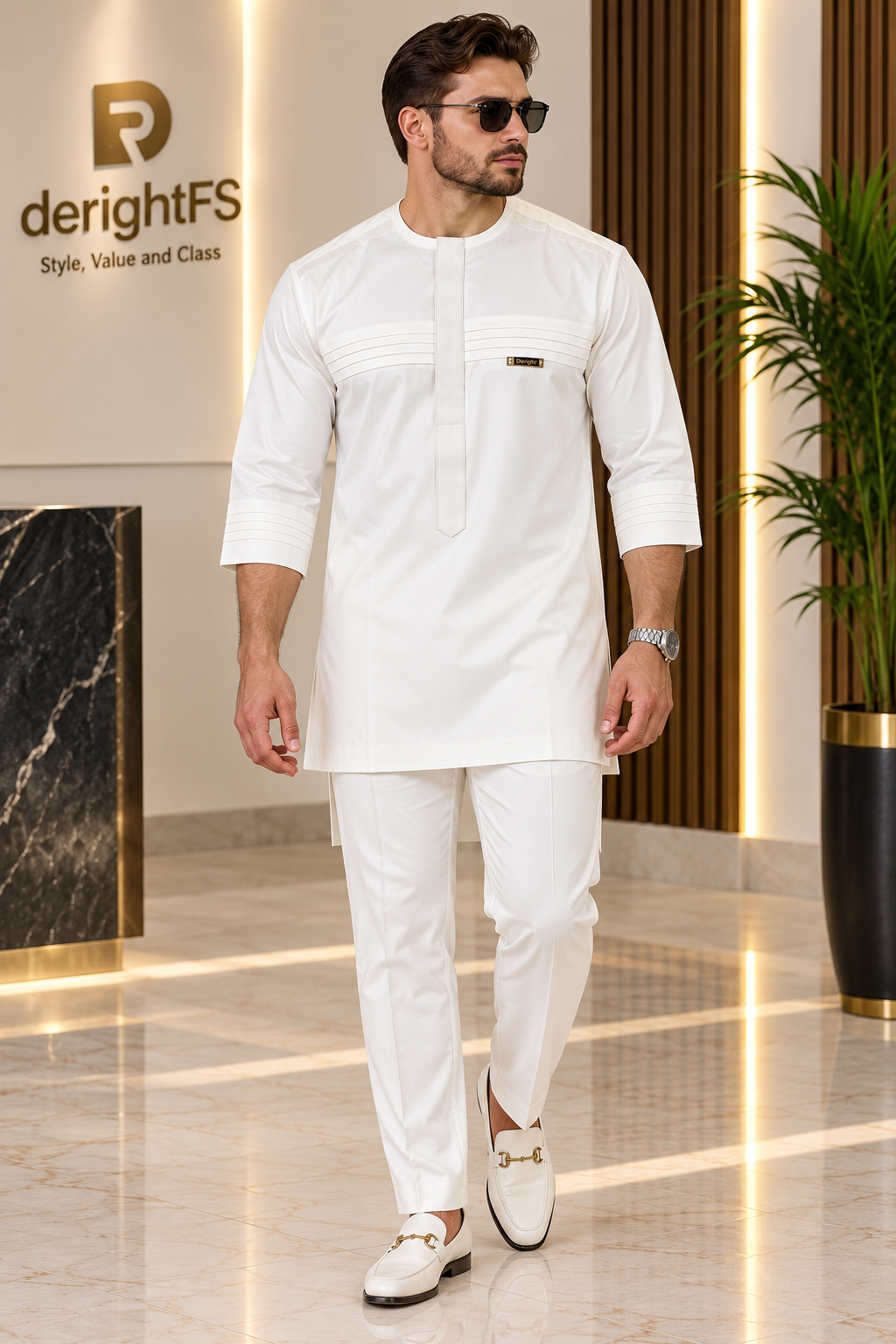 Men's Off-White Pintuck Kaftan Two-Piece | Three-Quarter Sleeve African Tunic Set | Ready to Wear