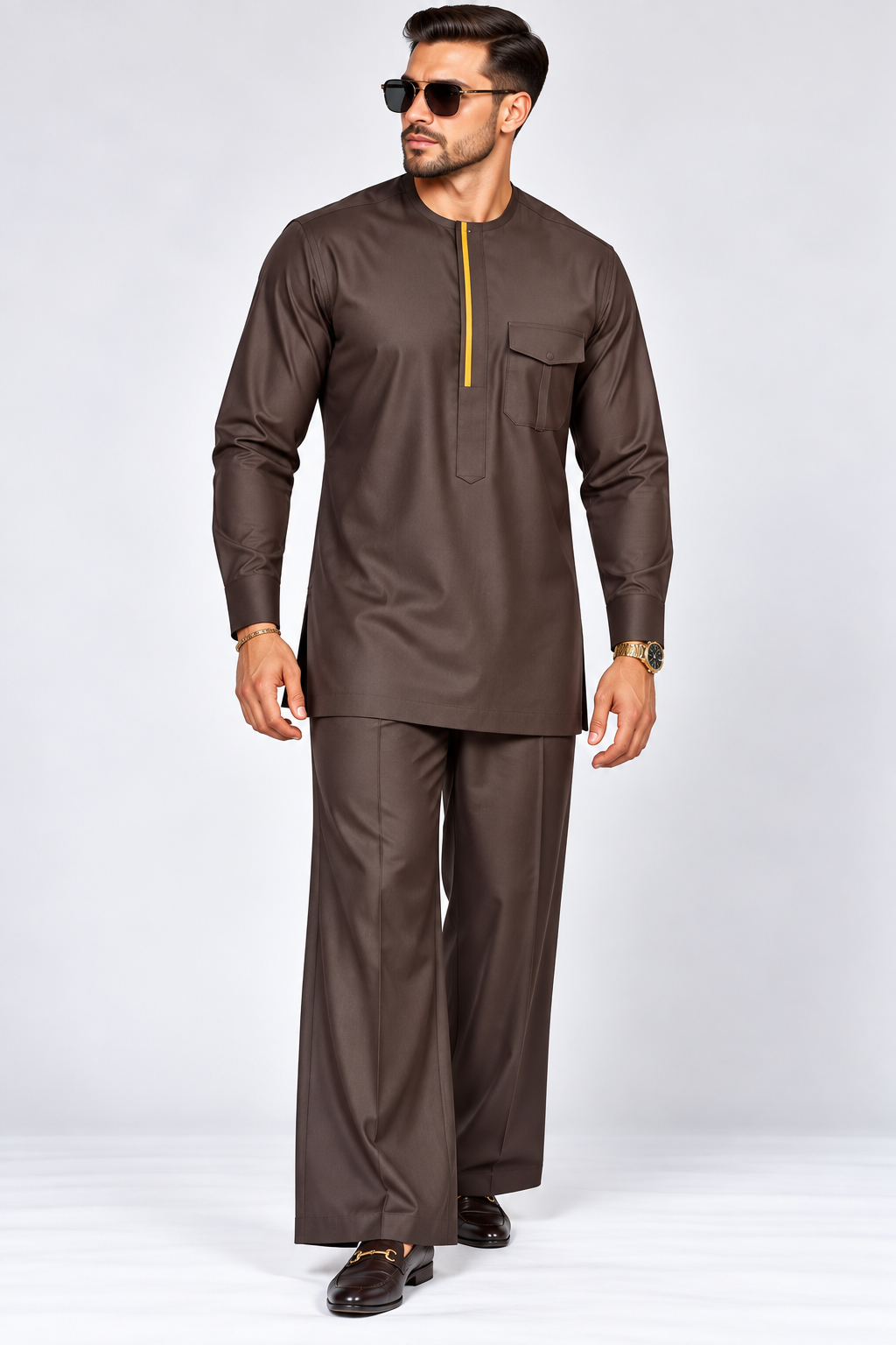 Men's Chocolate Brown Senator Outfit with Mustard Trim – Wide-Leg 2-Piece