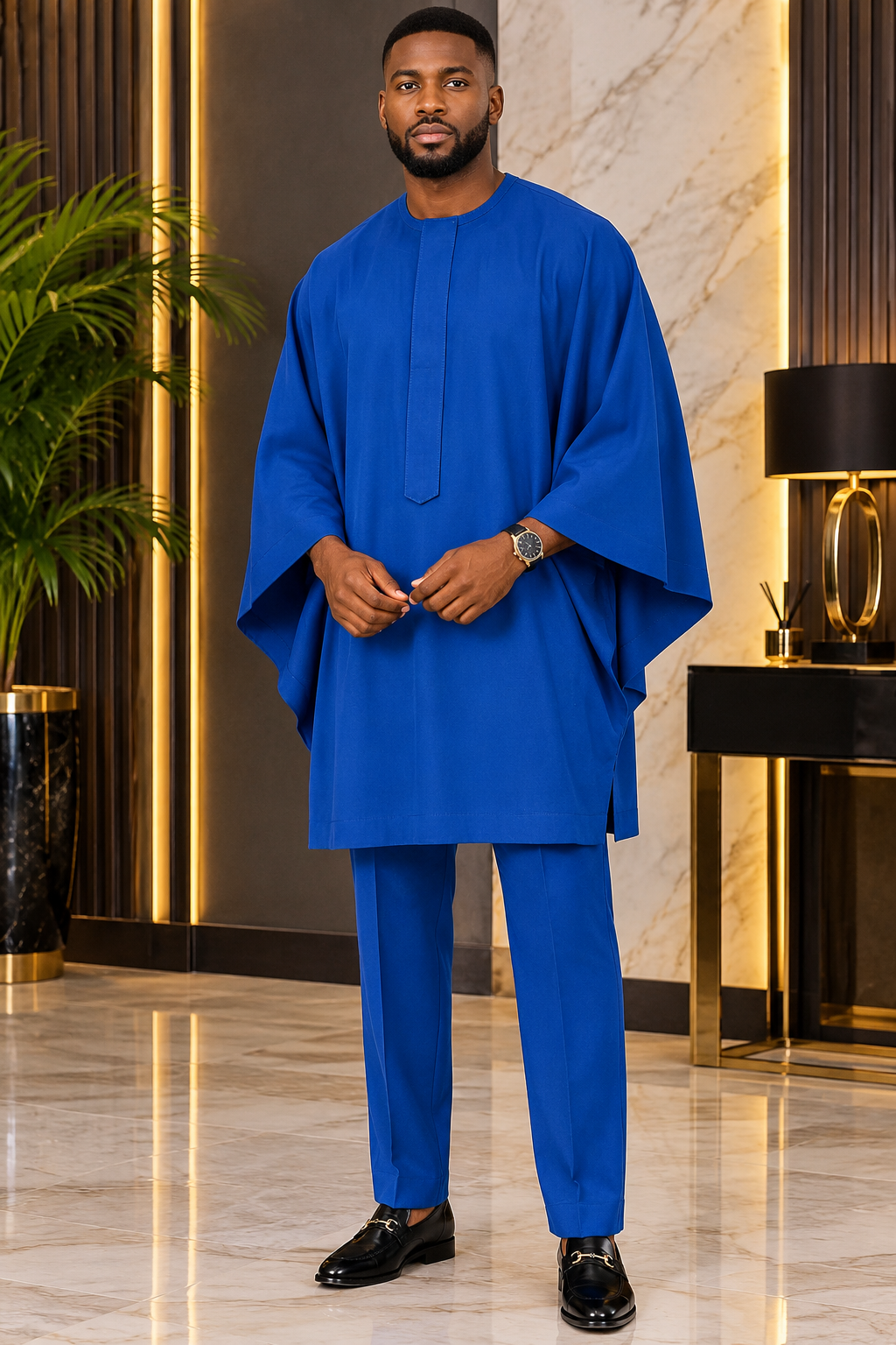 Men’s Cobalt Blue Agbada Kaftan Set with Trousers | Luxury African Wear
