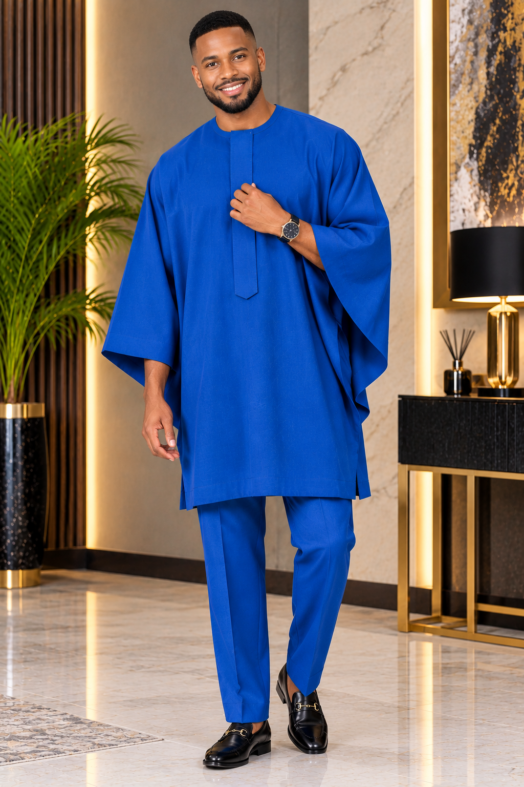 Men’s Cobalt Blue Agbada Kaftan Set with Trousers | Luxury African Wear