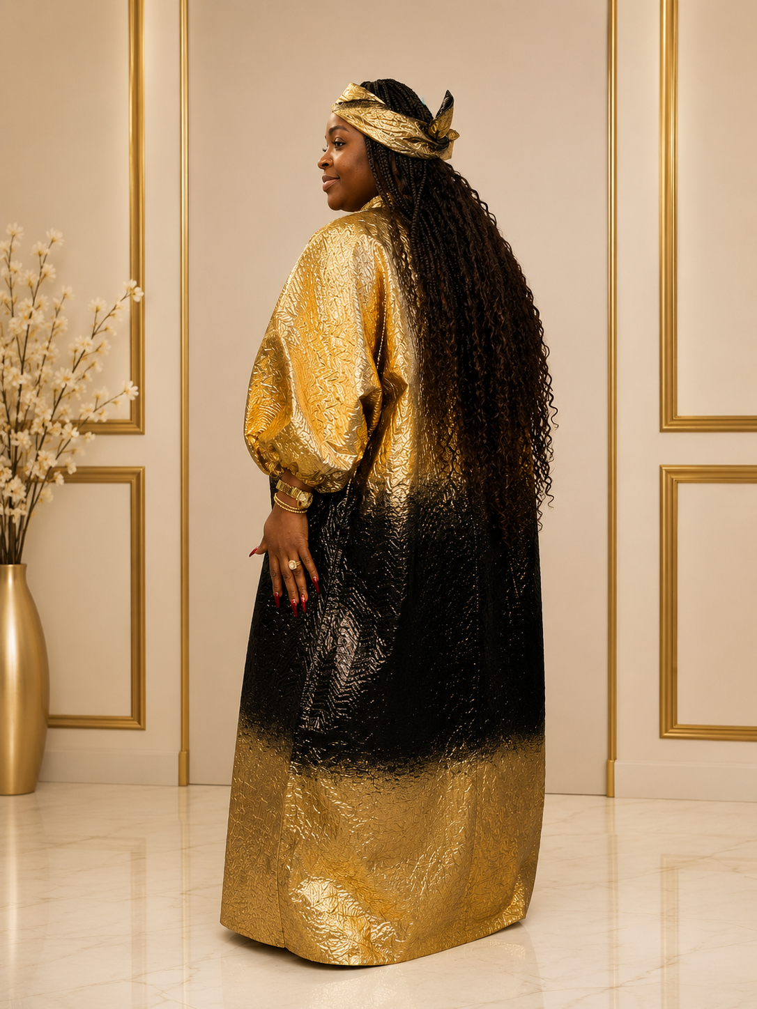 Women's Gold & Black Ombre Boubou Kaftan | One Size Fits All | Metallic Jacquard Balloon Sleeve | African Occasion Wear | Deright Fashion Store