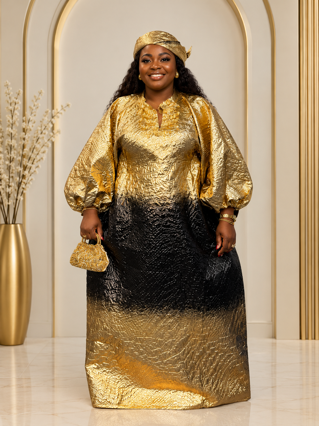 Women's Gold & Black Ombre Boubou Kaftan | One Size Fits All | Metallic Jacquard Balloon Sleeve | African Occasion Wear | Deright Fashion Store