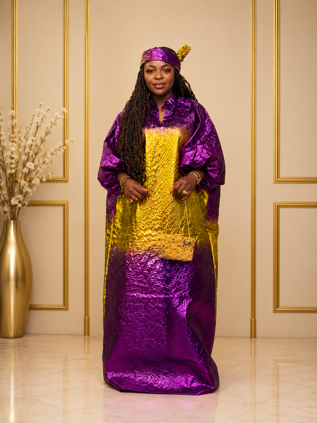 Women's Purple & Gold Ombre Boubou Kaftan | One Size Fits All | Metallic Jacquard Balloon Sleeve | African Occasion Wear | Deright Fashion Store
