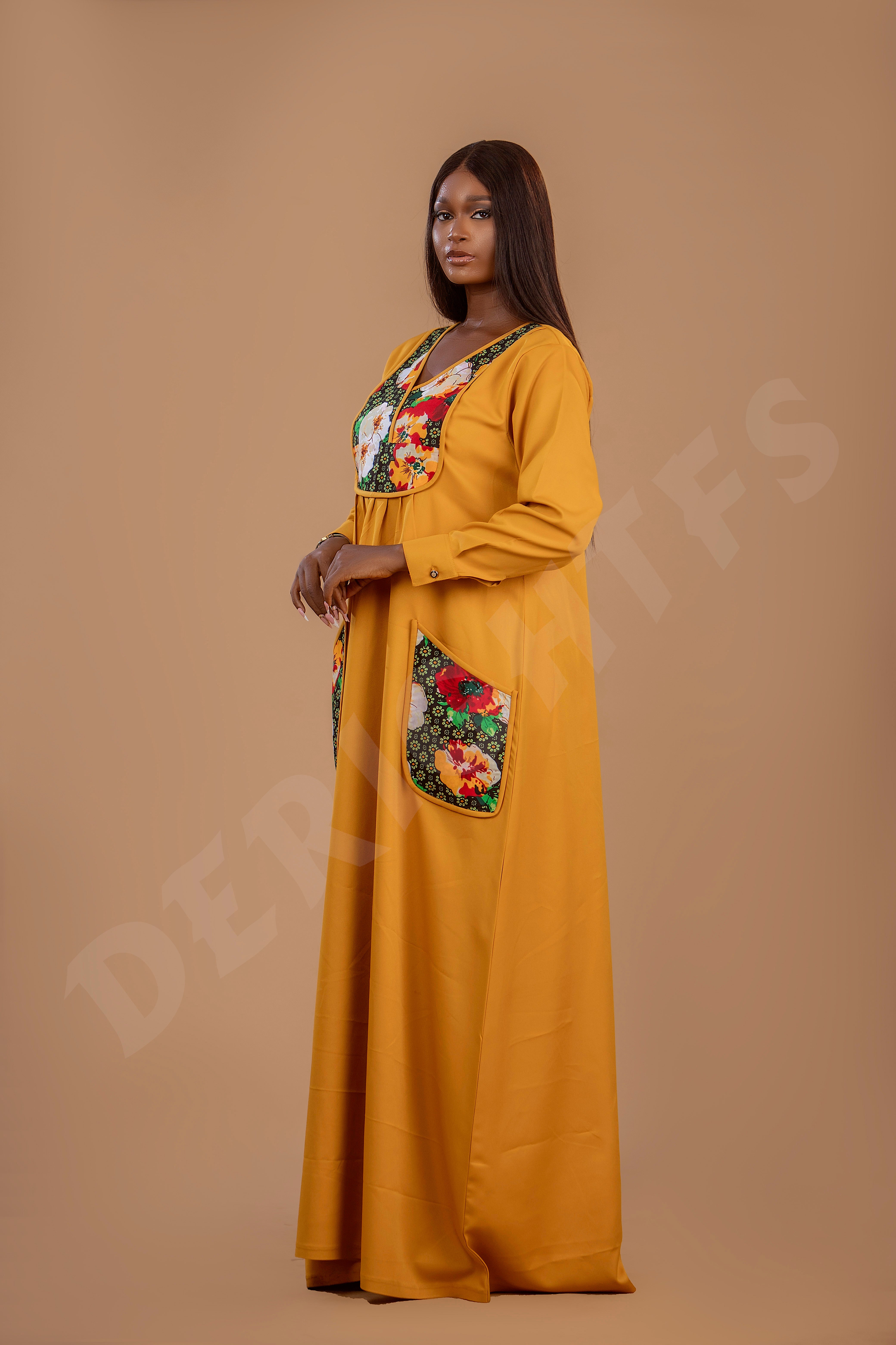 Elegant Mustard Floral Embroidered Gown with Trimmed Pocket