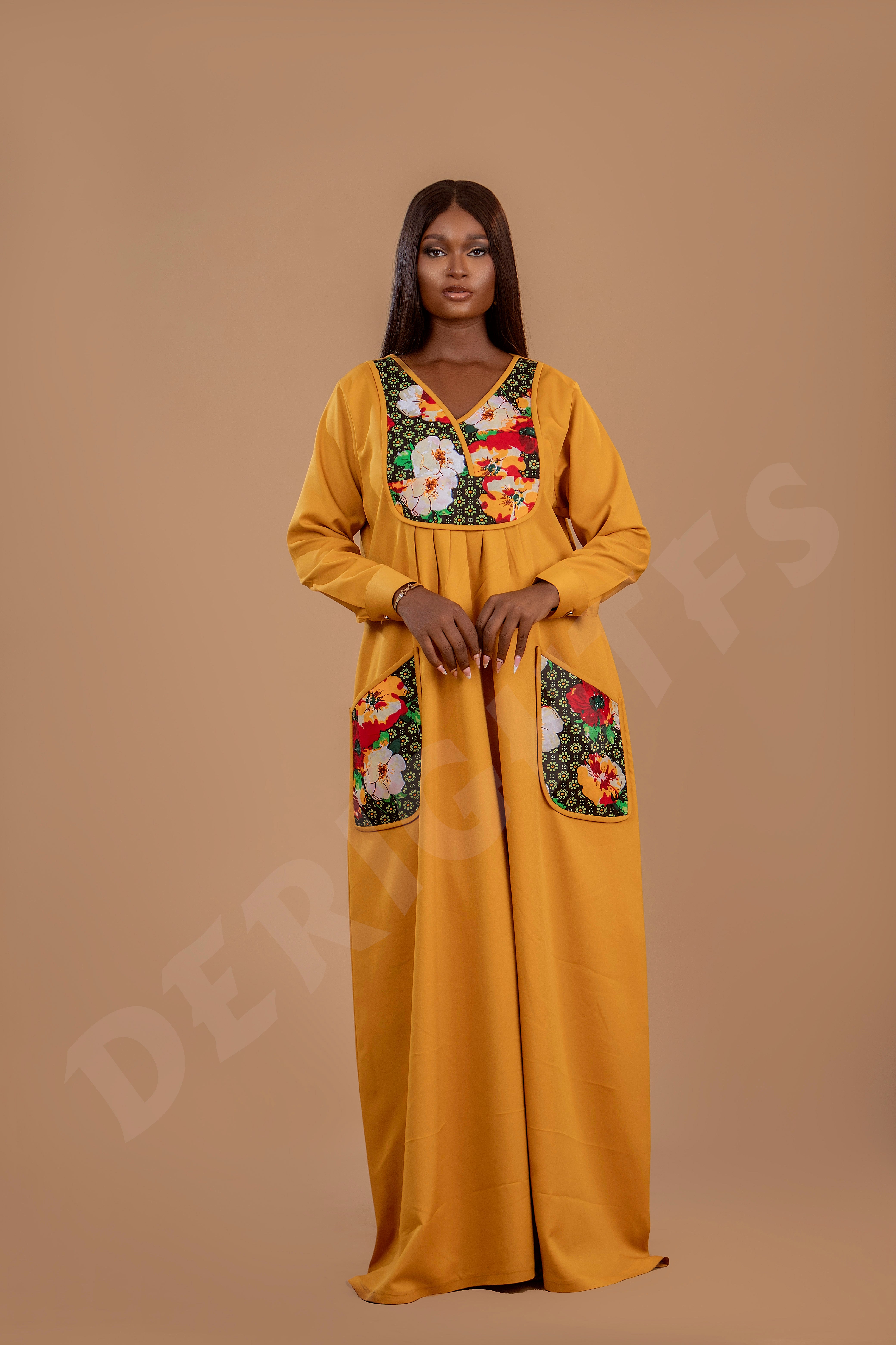 Elegant Mustard Floral Embroidered Gown with Trimmed Pocket