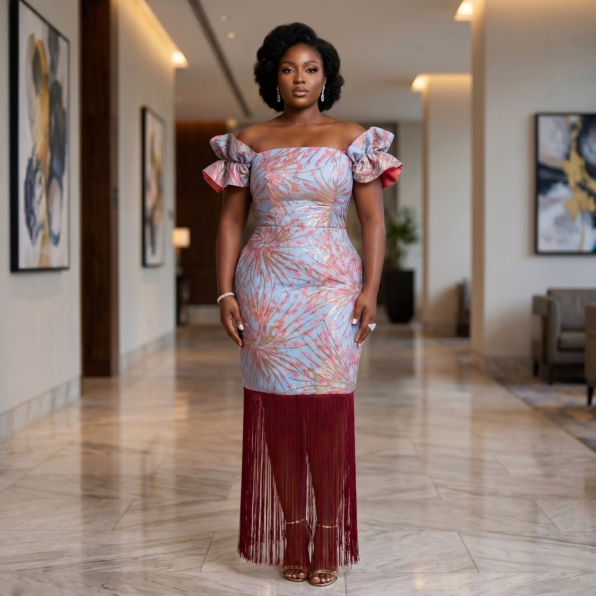 Women's Damask Brocade Off-Shoulder Fringe Dress – Luxury African Party & Occasion Wear | DerightFS