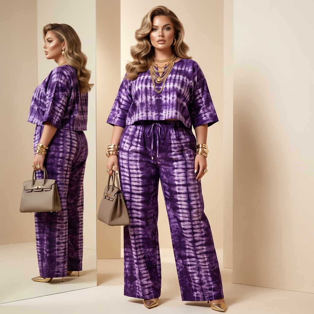 DerightFS Luxury Purple Tie-Dye Two-Piece Set for Women – Elegant Wide-Leg Trouser Co-Ord Outfit