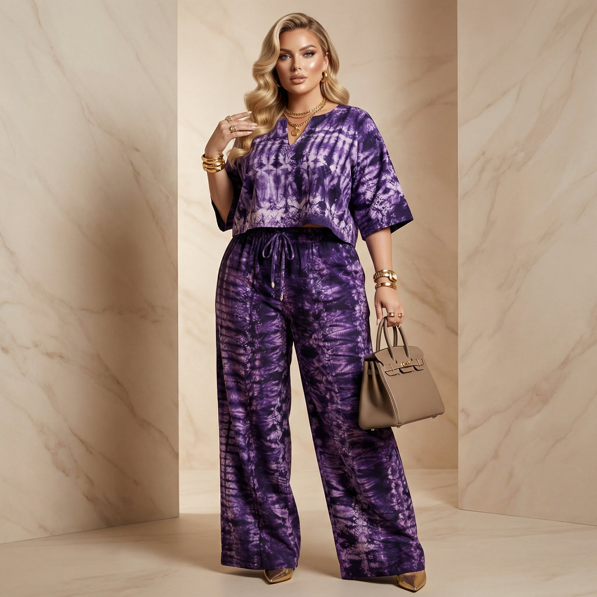 DerightFS Luxury Purple Tie-Dye Two-Piece Set for Women – Elegant Wide-Leg Trouser Co-Ord Outfit
