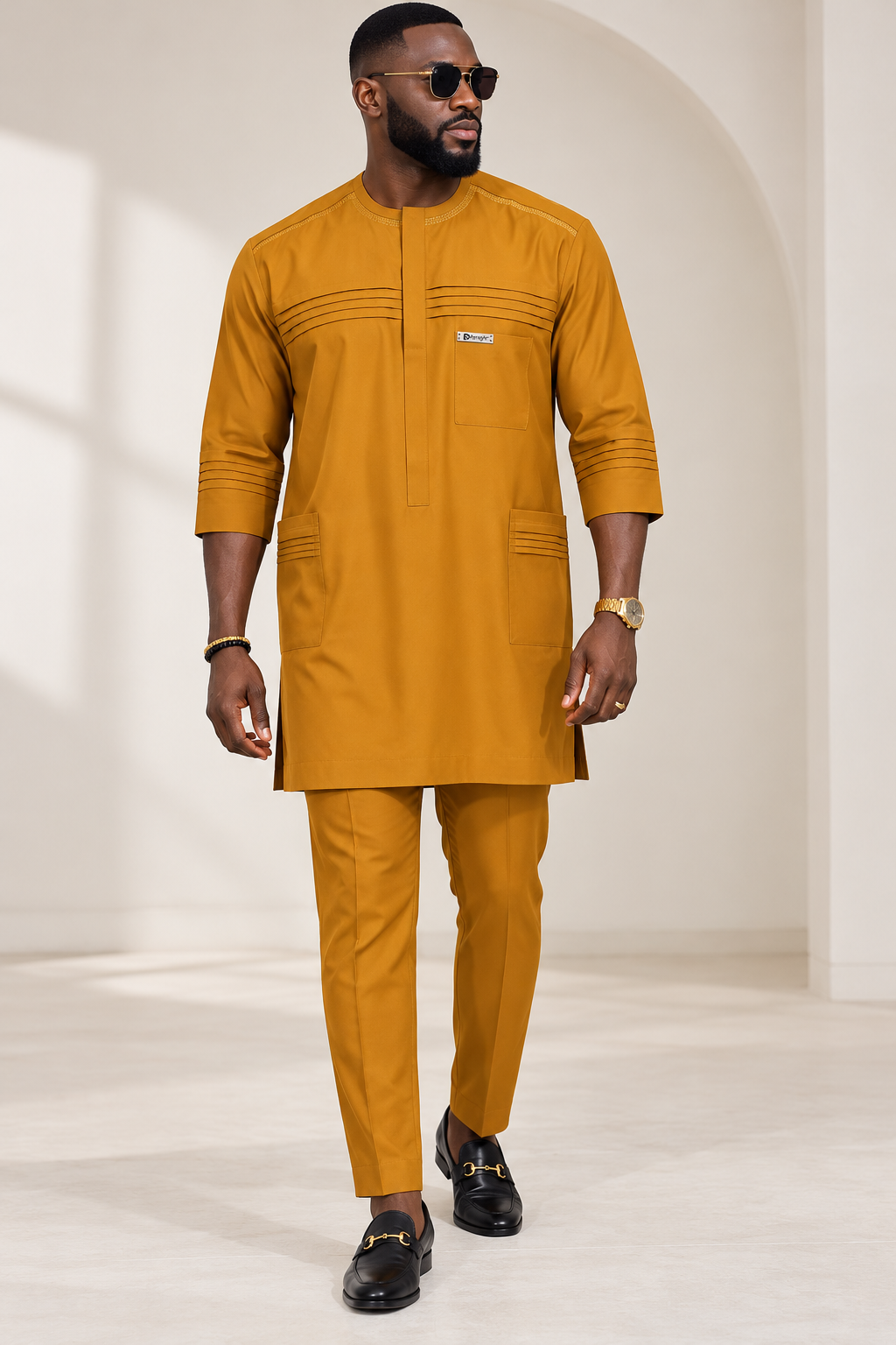 Men's Mustard Gold Two-Piece Kaftan Set – Luxury African Native Wear with Pocket Detailing | DerightFS