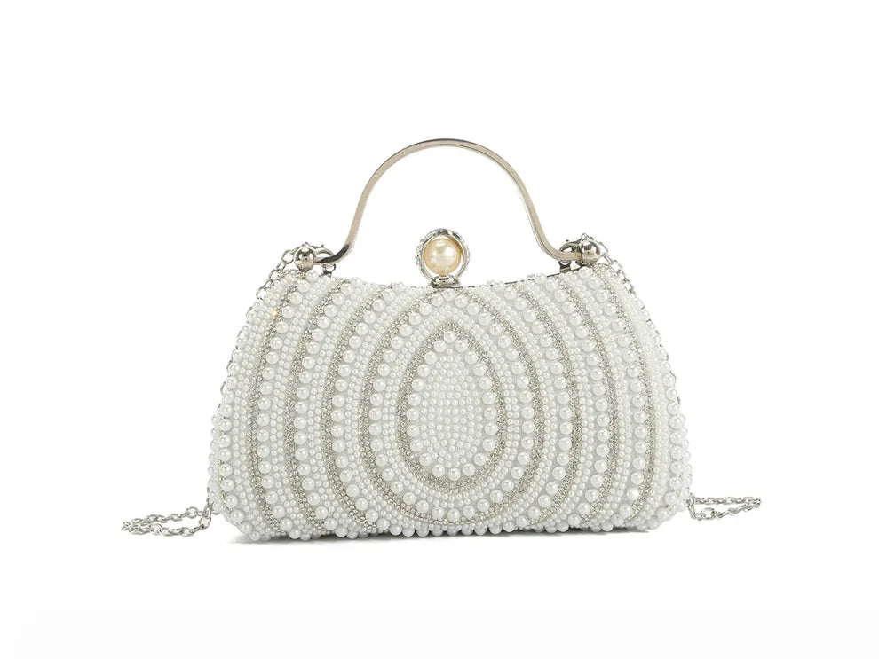 Luxury Pearl Beaded Evening Clutch Bag – Elegant Gold Handle Bridal Handbag with Chain Strap, Rhinestone Wedding Party Formal Purse for Women