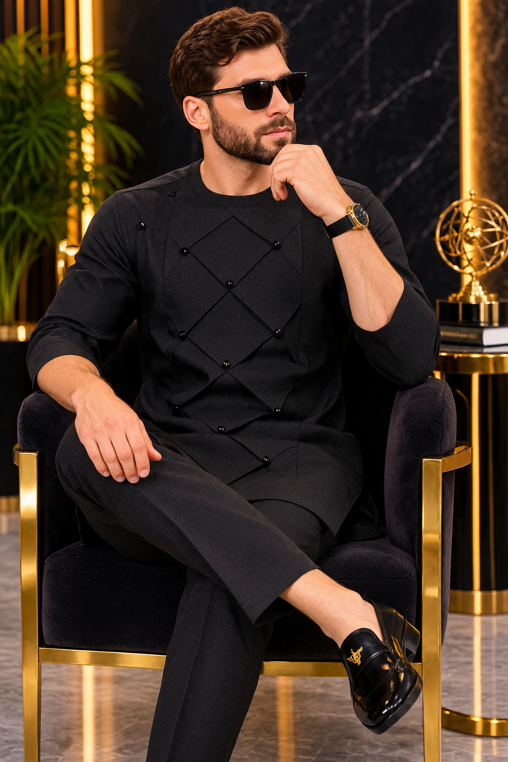 Men’s Black Geometric Tunic Set with Matching Trousers | Luxury African Menswear