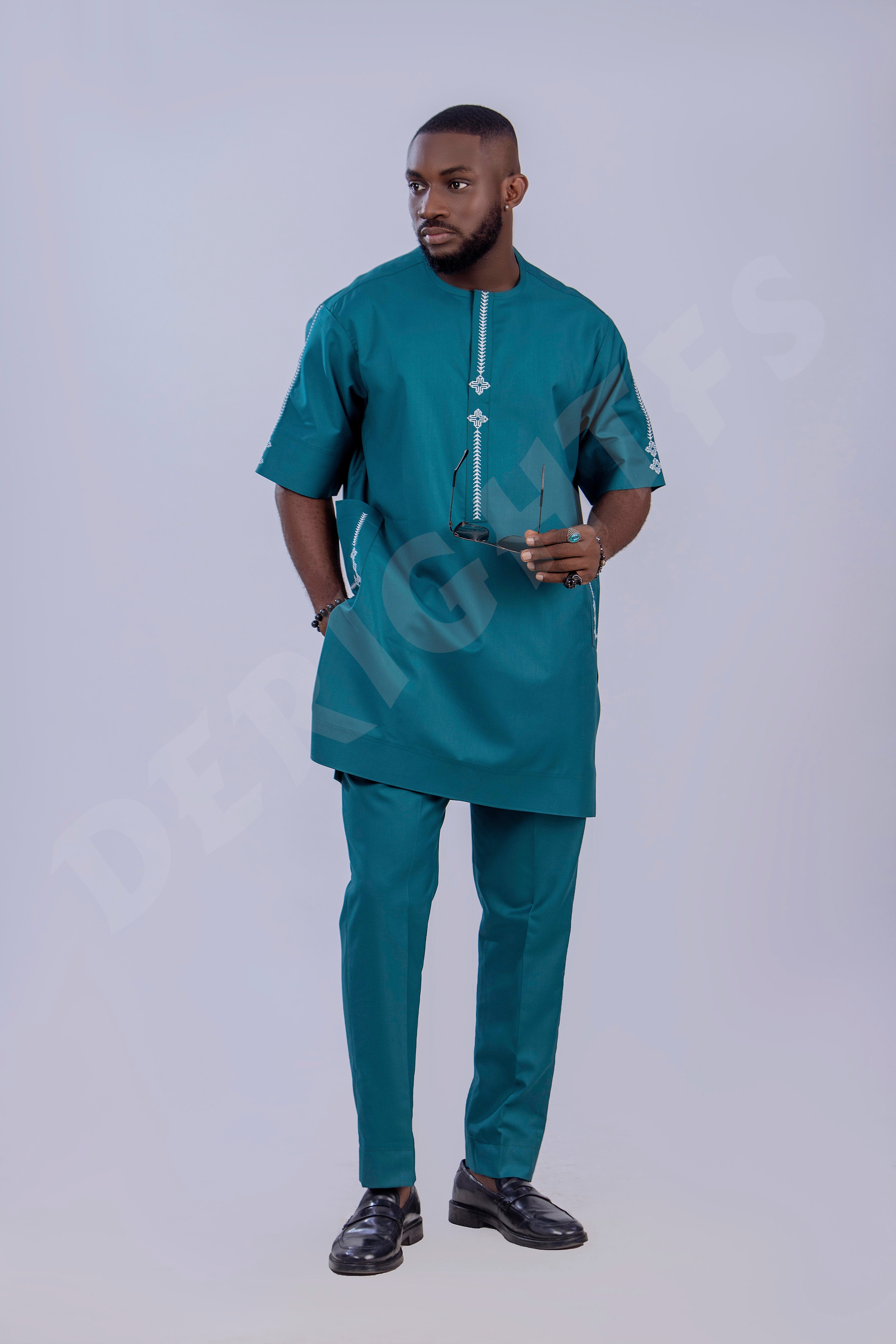 Elegant Men's Kaftan Set Teal Embroidered African Fashion | DerightFS Blue / S Elegant Men's Kaftan Set Teal Embroidered African Fashion | DerightFS Blue / S